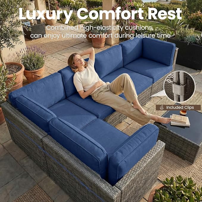 15 Pieces Patio Furniture Set with 44" Propane Gas Fire Pit Table, Outdoor Sectional Wicker Conversation Sofa Sets with Coffee Table