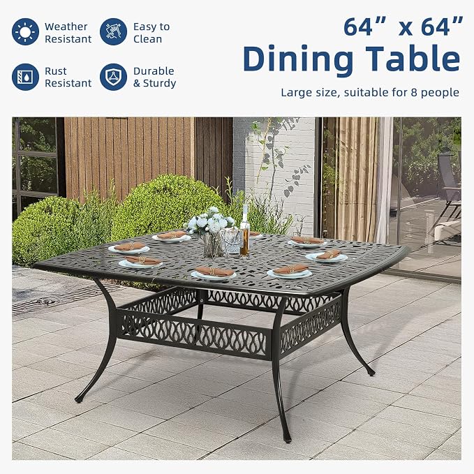 9-Piece Patio Cast Aluminum Dining Set, Outdoor Dining Furniture Set for 8 Person, Includes 64" Square Table and 8 Swivel Rocker Chairs with Umbrella Hole for Patio Deck Garden, Ocean Blue