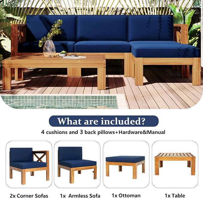 5-Piece Outdoor Backyard Patio Set, Acacia Wood Sectional Sofa Seating Group Set with Tea Table and Cushions, Conversation Furniture Set for Garden Backyard Poolside (Natural Finish+ Blue Cushions 2)