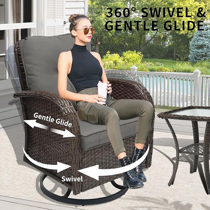 YLGJ&TIDY Outdoor Furniture Swivel Rocker Chairs 3PC Bistro Set 2 Brown Wicker Patio Glider Armchairs with Side Table Cushions Rocking Sofa for Porch Balcony Backyard Deck (Gray, 3PCS Swivel/Table)