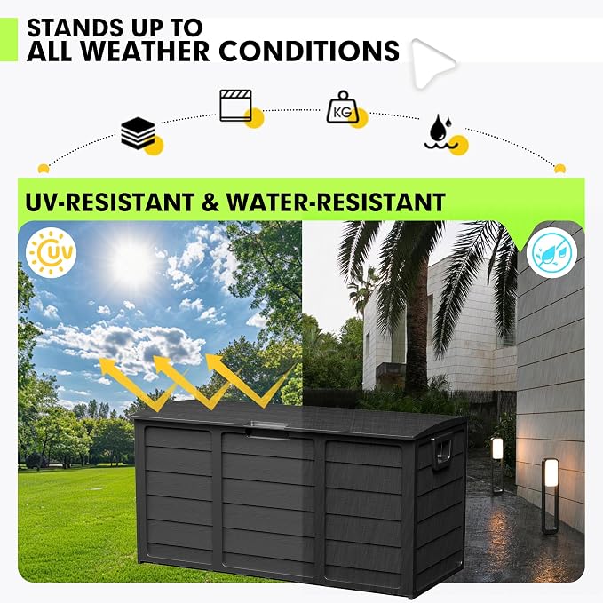 75 Gallon Outdoor Deck Box – Heavy Duty Waterproof Storage with Lockable Lid, UV & Weather Resistant Resin for Patio Furniture, Cushions(Black)