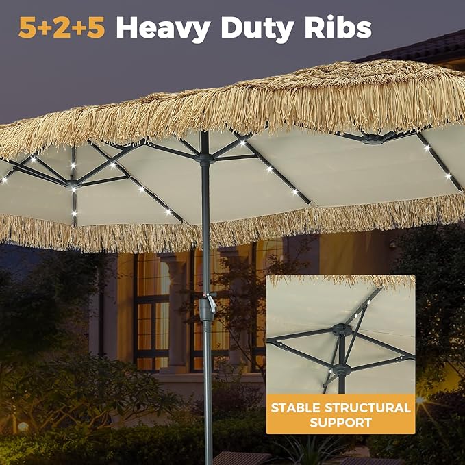 GDY 13/15 FT Tiki Outdoor Umbrella Patio Table Umbrella(Optional with Light or Base), Market Umbrella, with Crank for Garden, Lawn, Deck, Backyard & Pool
