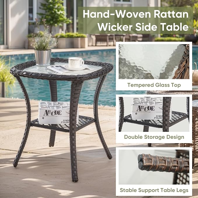 Outdoor Swivel Rocker Patio Chairs with Side Table 3 Pieces PE Wicker Patio Furniture Set for Porch Deck Balcony Garden-Brown/Red