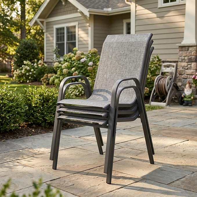 VICLLAX Round Patio Dining Set for 8, Metal Slatted Patio Table with Umbrella Hole and Stackable Patio Chairs for Deck Lawn Garden, Grey Fabric and Antique Grey Tabletop