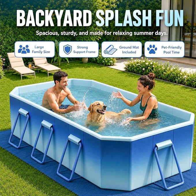 Large Foldable Pool for Adults with Ground Cloth 116"×65"×20" - Non-Inflatable Swimming Pool for Outdoor Summer Water Portable Folding Collapsible Pool