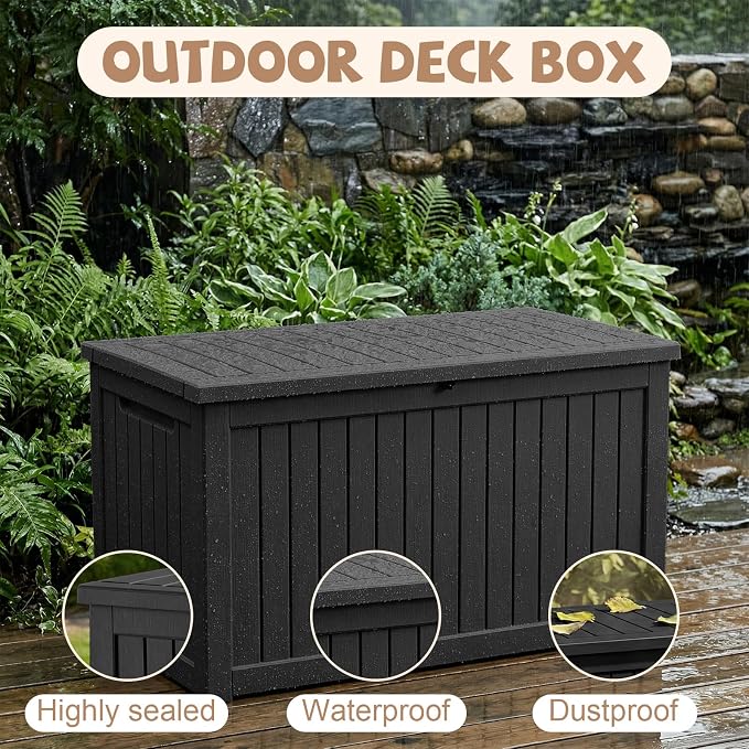 280 Gallon Outdoor Storage Deck Box Waterproof Resin Lockable Outside Bench Porch Patio Furniture Pool Float Garden Tool Cushion UV Resistant Bin Black