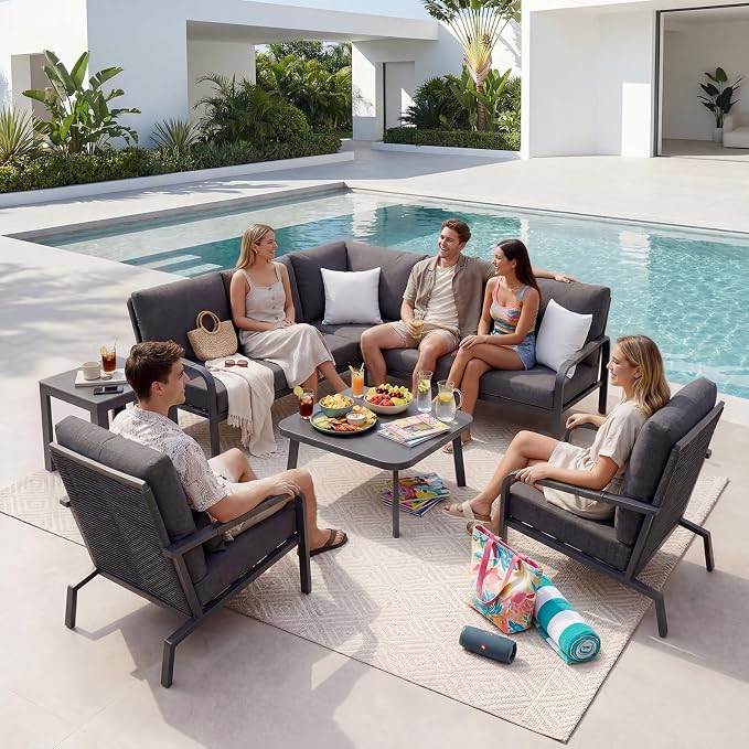 5-Piece Aluminum Patio Furniture Set, Outdoor L-Shaped Sectional Sofa with Coffee Table & Side Table, Patio 3-Piece Sofa Set, Thick Waterproof Cushions, Modern Outdoor Conversation Set, Gray