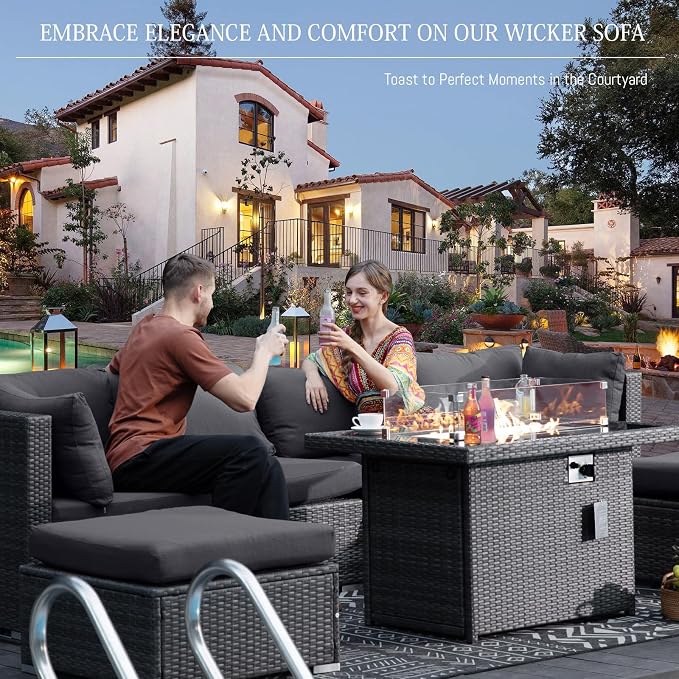 BULEXYARD 9 Pieces Highback Wicker Patio Furniture Set with Firepit, High Weight Capacity Outdoor Sectional Couch Sofa 8-Seater Modular, Plus Comfortable Wide Deep Deck Seating Group, Dark Grey