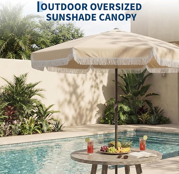 PeakPursuit 9 ft Patio Umbrella with Fringe, Tassel Outdoor Beach Umbrella for Sand with Push Button Tilt, 8 Fiberglass Ribs, UV 50+ Sun Protection for Garden, Pool, Backyard, Deck