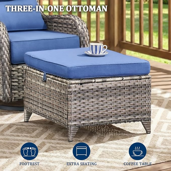 Luxury Swivel Rocker Chairs Fire Pit Set with 6" Thick Cushion 10 piece Wicker Outdoor Patio Chair with Sofa and Ottoman,Comfortable High Back Outdoor Patio Furniture Set - Gery | Blue