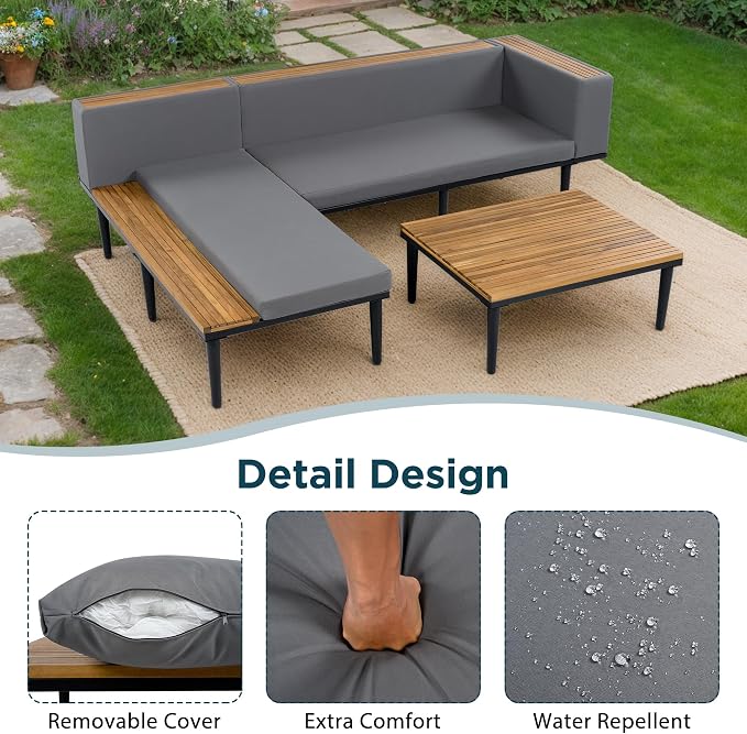 L-Shaped Outdoor Sofa Set with Removable Cushions, Acacia Wood Sectional Sofa Set with Coffee Table & Side Table, Conversation Furniture Set for Porch Backyard Balcony Deck Poolside, Gray