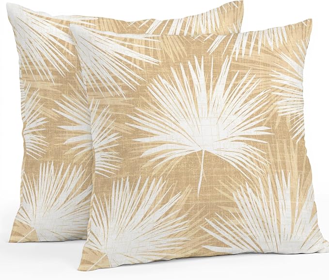 Throw Pillow Covers 20x20 Inch Set of 2, Beige Palm Leaves Coastal Waterproof Outdoor Pillow Covers, Summer Tropical Botanical Boho Decorative Cushion Pillowcases for Couch, Sofa, Bed, Garden, Patio