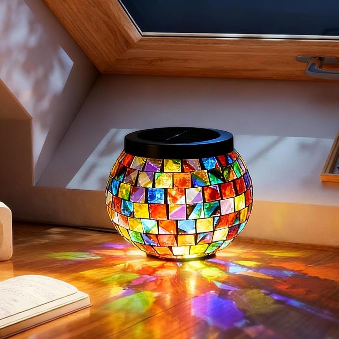 Cooo 2 Pack Gift for her him Landscape Lighting Path Lights Heavy Solar Mosaic Lantern with RGB Color-Changing Light – Dual Solar Panels, Red Amber Glass Tiles, Waterproof Outdoor