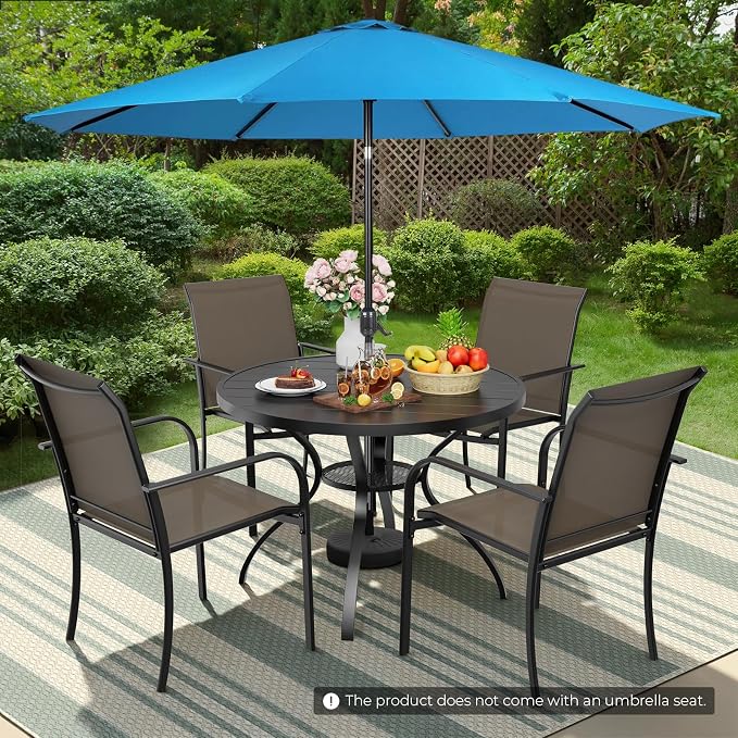 Incbruce 6 PCS Patio Dining Set with Sky Blue Umbrella, Outdoor Dining Set of 4 Textilene Chairs and 41" Round Table with Umbrella Hole for Backyard, Garden, and Poolside (Brown)