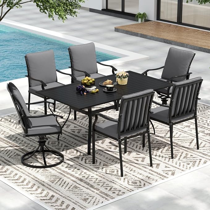 7 Piece Outdoor Patio Dining Set, 62’’ Rectangular Metal Dining Table & 4pcs Metal Dining Chairs & 2pcs Swivel Rocking Chairs , Outdoor Furniture Dining Set for Patio, Balcony, Lawn, Garden, Backyard