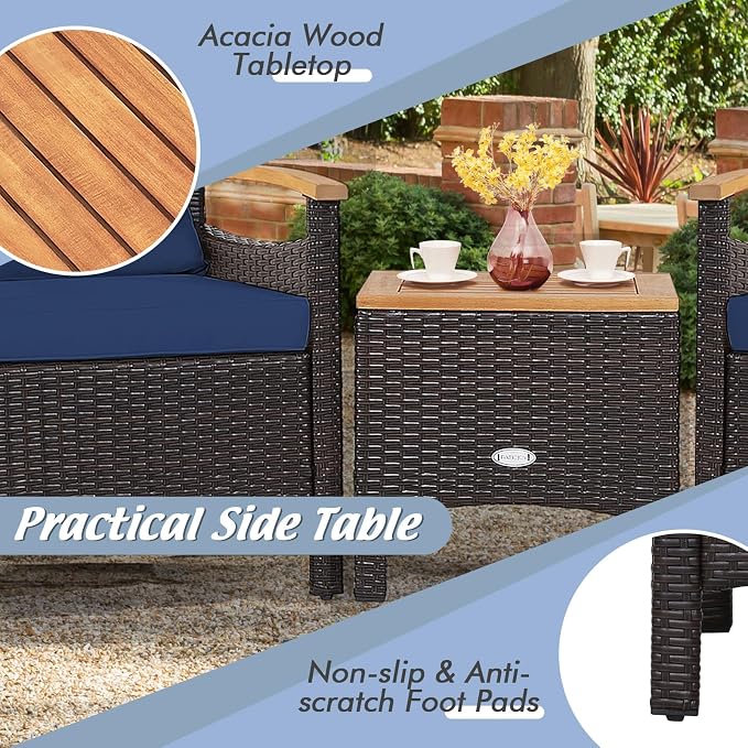 Tangkula 3-Piece Patio Furniture Set, Patiojoy Outdoor Rattan Sofa Set with Coffee Table, Patio Conversation Set with Removable Cushion, Cozy Acacia Wood Armrests for Backyard, Poolside (Navy)