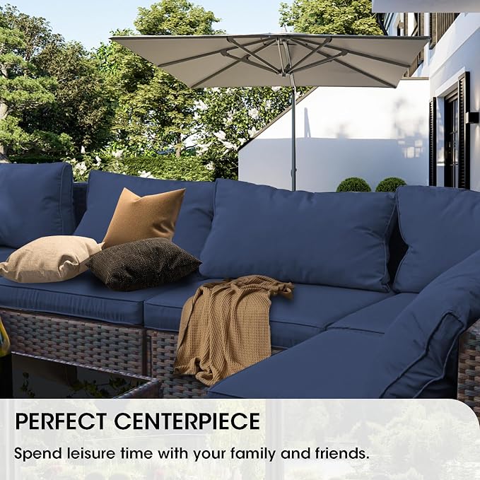 Patio Furniture Set 7 Piece Outdoor Wicker Sectional Sofa - All Weather High Backrest PE Rattan Couch Conversation Set with Cushion & Glass Top Table for Backyard Deck (Blue, L-7 pcs w/glass table)