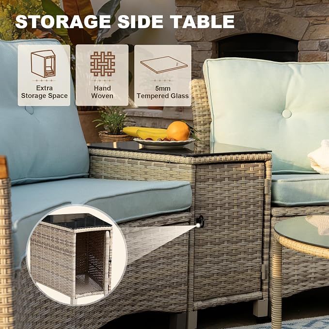 MEISSALIVVE 9-Piece Half-Moon Curved Outdoor Patio Furniture Set, Sectional Conversation Sofa with 2 Swivel Glide Chairs, Round Coffee Table for Backyard Deck Garden, Blue