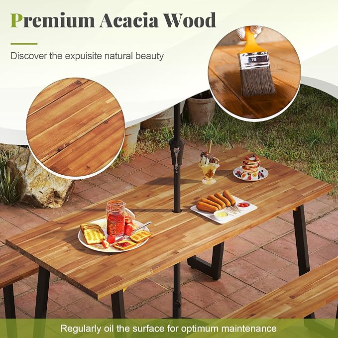 S AFSTAR 70" Acacia Wood Outdoor Picnic Table Set with 10Ft Umbrella & Base, Heavy Duty Wooden Outside Dining Table Set with Bench, All-Weather Patio Dining Set for 6, Garden, Backyard