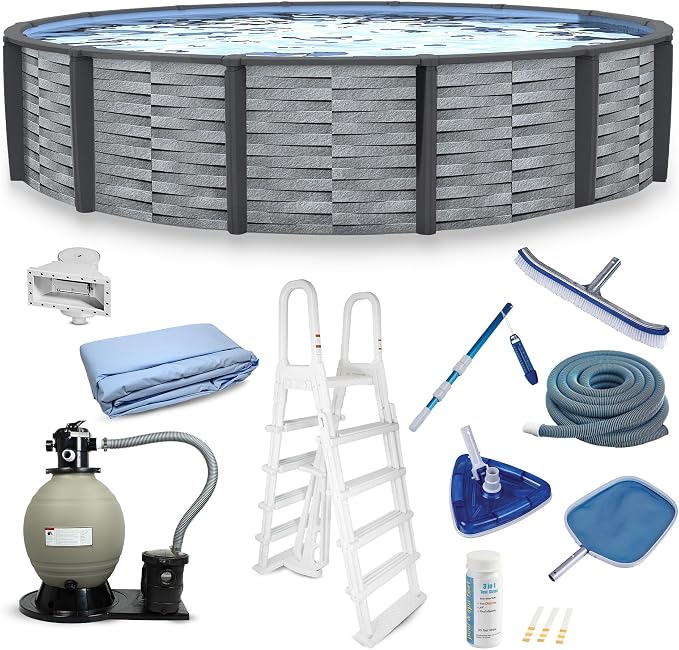 Blue Wave Affinity 30-ft Round 52-in Deep Hard Sided Above Ground Pool with Resin Top Seats & Verticals, 1.5 HP Dual-Speed Sand Filter System, Ladder, Liner, Skimmer & Maintenance Kit – 19,800 Gal Cap