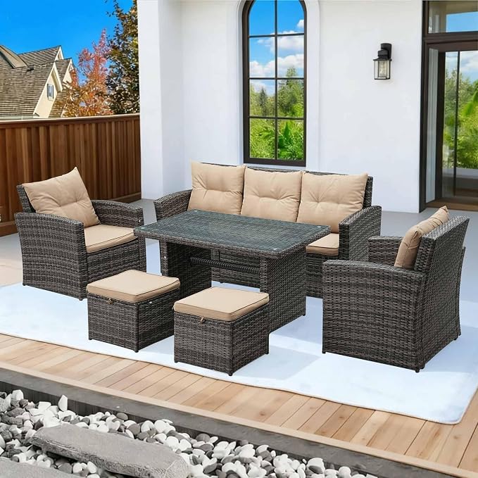6 Pieces Patio Furniture Set - All-Weather Outdoor Wicker Sectional Conversation Sofa, Rattan Patio Seating Sofa Set with 4'' Cushion and Glass Table for Porch Poolside, Brown