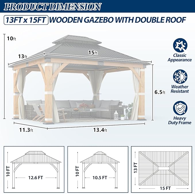 COVERONICS 13FT x 15FT Outdoor Spruce Wood Gazebo - Patio Wooden Frame Gazebo with Galvanized Steel Double Roof, Heavy-Duty Hardtop Gazebos with Netting & Curtains for Garden, Poolside, Deck, Backyard
