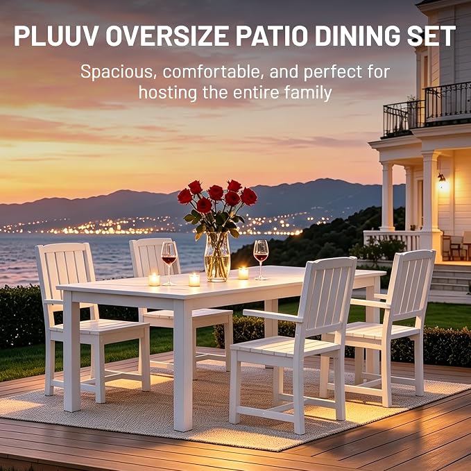 PLUUV 5-Piece Outdoor Dining Set – HDPE Patio Furniture with Aluminum Table, Umbrella Hole, and 4 Armless Chairs, All-Weather Resistant for Garden & Backyard, White