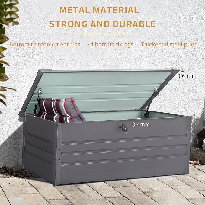 GOWE 260 Gallon Metal Outdoor Deck Box Waterproof, Extra Large Patio Storage Box with Lockable Storage Containers for Patio Furniture Cushions, Pool Accessories, Garden Tools Light Gray