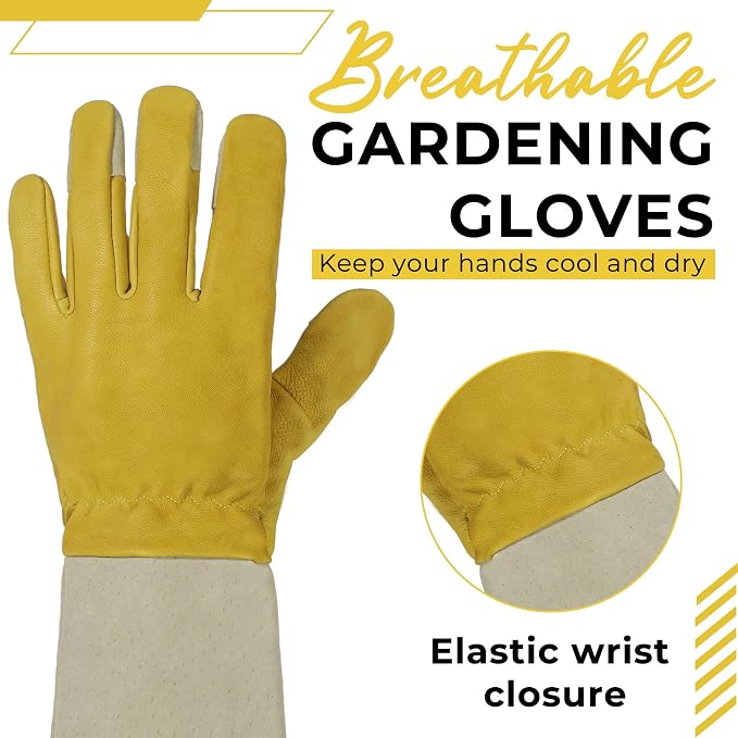 HANDLANDY Rose Pruning Gloves for Men Women, Thorn Proof Gardening Gloves | Long Leather Gardening Gloves, Breathable Leather Gauntlet, Best Garden Gifts & Tools for Gardener (Butter Yellow, M)