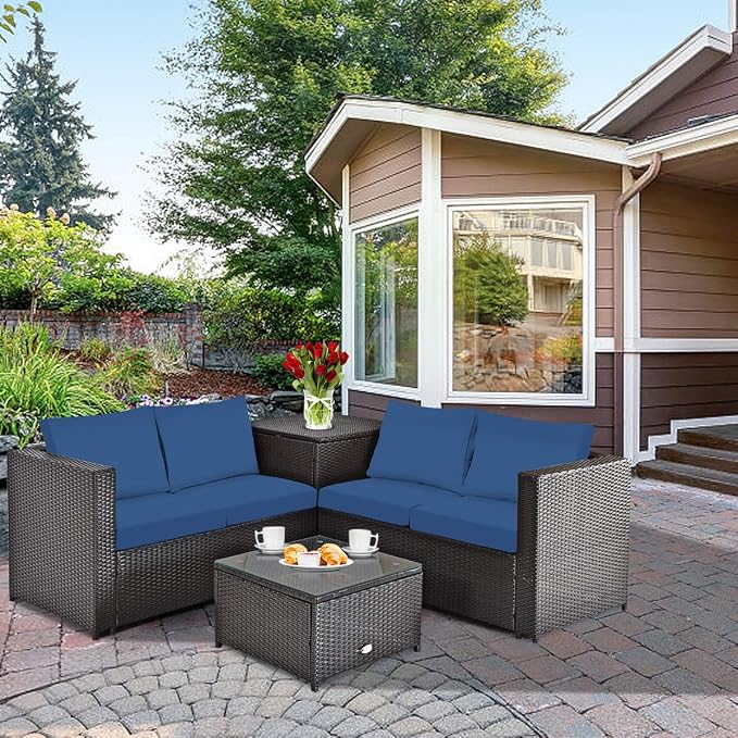HAPPYGRILL 4PCS Patio Furniture Set Outdoor Rattan Wicker Conversation Sofa Set with Storage Box & Tempered Glass Coffee Table for Backyard Garden Porch