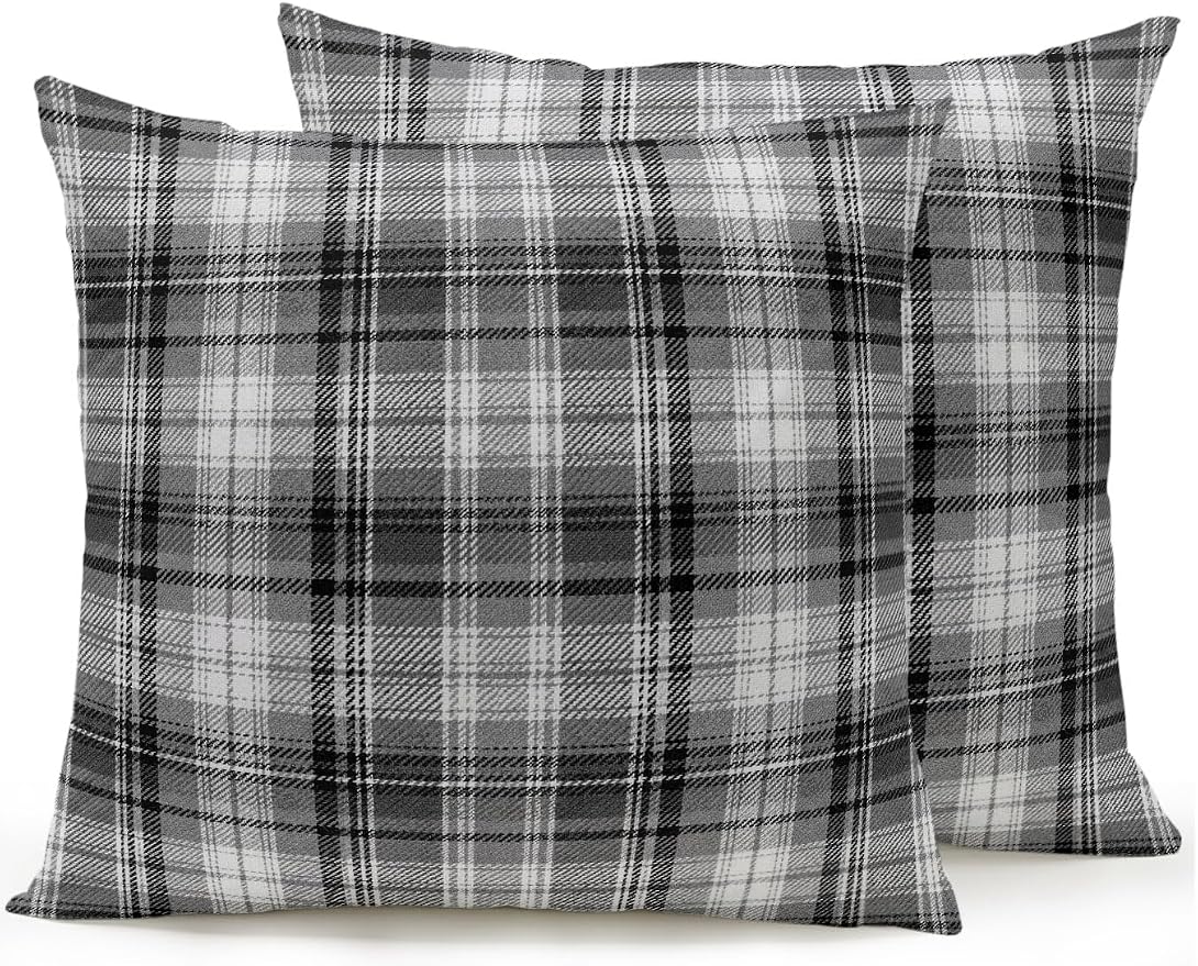 Waterproof Outdoor Pillow Set of 2 Gray Checked Plaid Decorative Throw Pillows Cover & Insert 18x18 Inch Pillowcase Stripes Woven Grid Square Pillows for Couch Sofa Bed Patio Furniture Indoor Outdoor