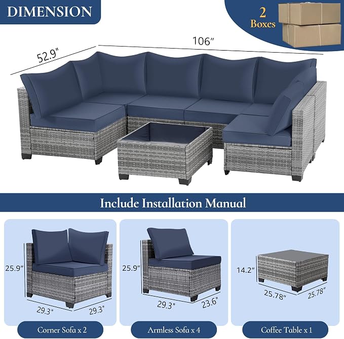 FHFO 7 Piece Outdoor Wicker Patio Furniture Set, Grey/Blue | Sectional Sofa | All-Weather Hand-Woven Rattan | Tempered Glass Coffee Table | Free Combination | Indoor & Outdoor Use