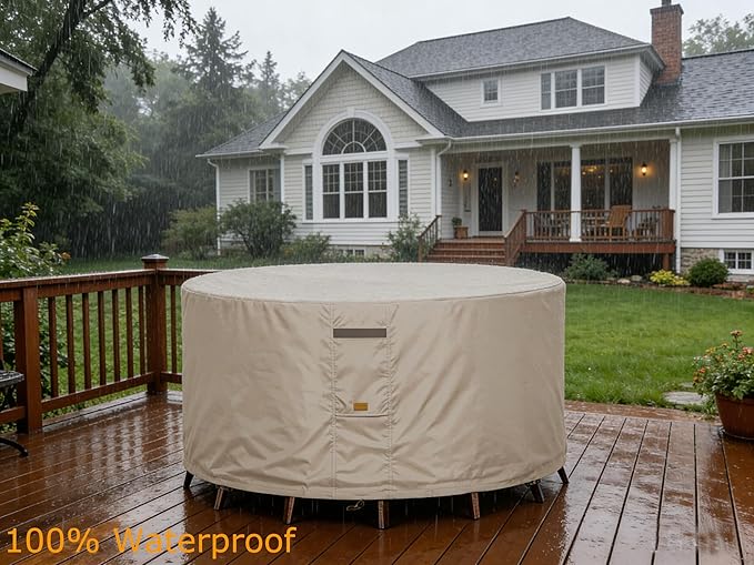 600D Heavy Duty Waterproof Patio Furniture Covers UV Resistant Round Outdoor Table Chair Covers Medium Round 76"Diax28"H Beige