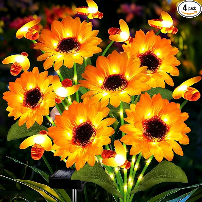 ANGMLN Solar Garden Lights 4 Pack Solar Swaying Bee Lights with Sunflowers, Gifts for Mom Women Mothers Day, Waterproof Firefly Flower Light for Outdoor Decor,Decoration for Patio Yard Landscape