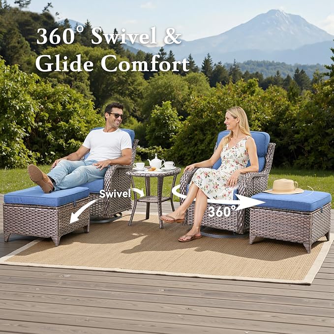 Belord Luxury 6" Thick Cushioned 11 Pieces Patio Furniture Set with Outdoor Couch, Wicker Outdoor Conversation Set with High Back Swivel Rocker Chairs for Deck Porch Yard and Poolside - Brown+Blue