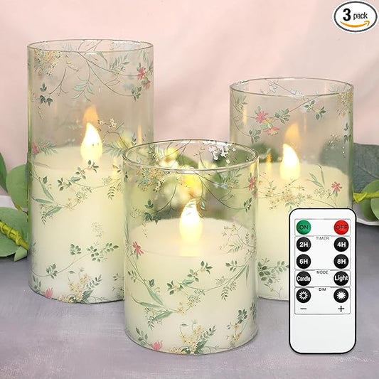 Glass Flameless Candles Flickering Battery Operated LED Pillar Candles Set of 3 with Timer and and 10-Key Remote Green Branch Floral Spring Summer Theme for Wedding Festival Home Decoration