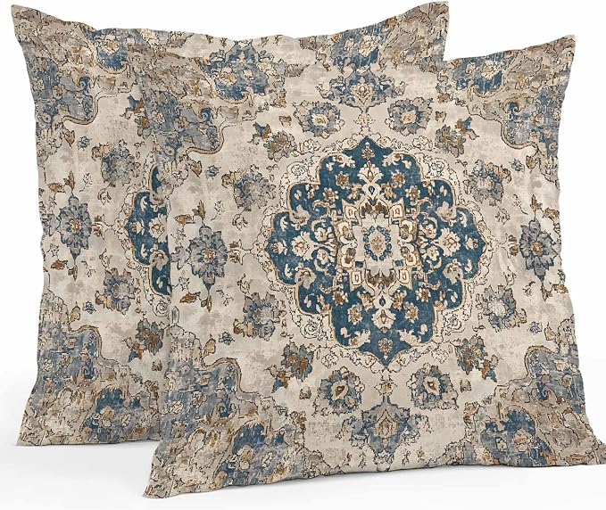 Throw Pillow Covers 20x20 Inch Set of 2, Blue Brown Boho Waterproof Outdoor Pillow Covers, Ethnic Vintage Southwestern Geometric Decorative Cushion Pillowcases for Couch, Sofa, Bed, Garden, Patio