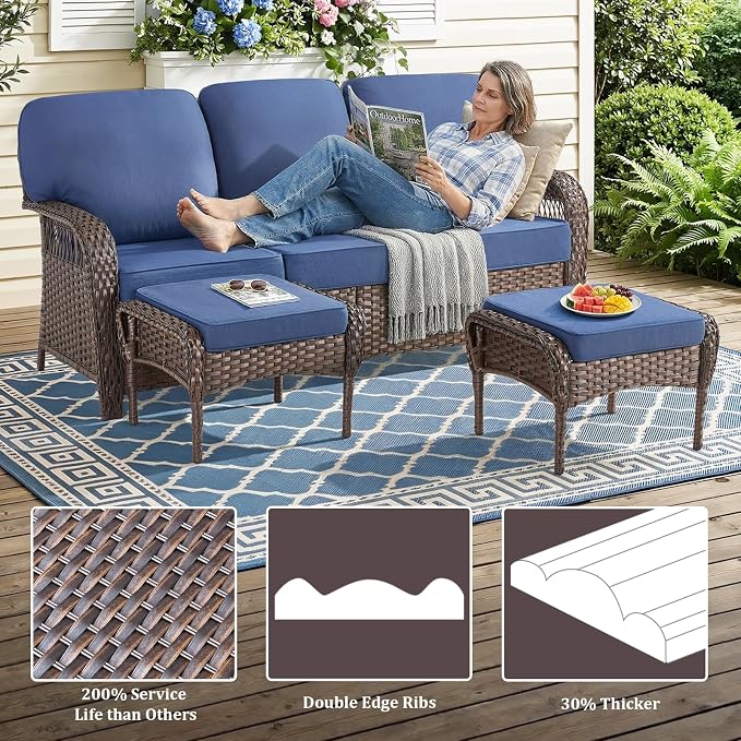 10 PCS Patio Furniture Set Outdoor Sectional Sofa Couch with Rocking Swivel Chairs 5" Deep Seat Chairs, Modern Wicker Rattan Conversation Set, Blue/Brown Wicker