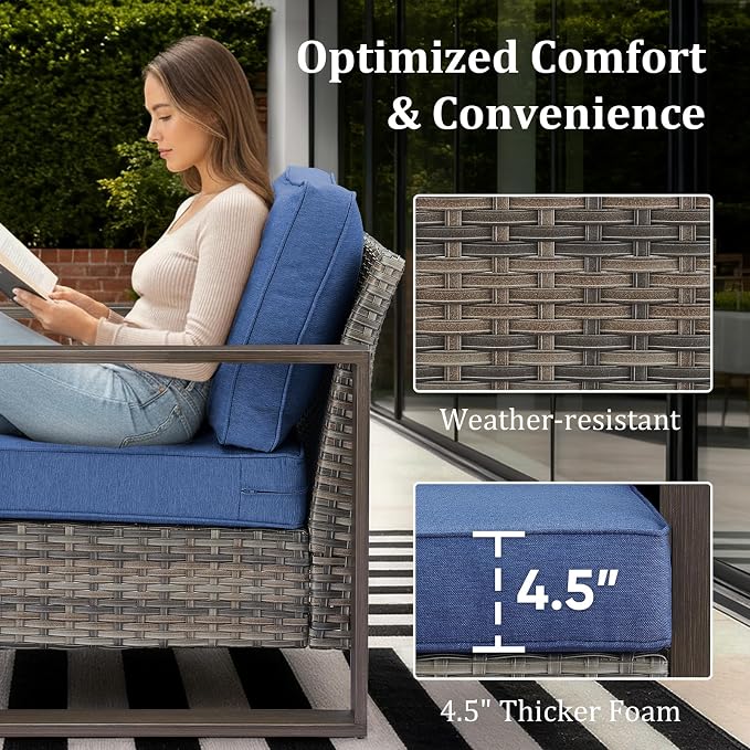 High Back Patio Furniture Set with Fire Pit Table, 4-Pieces Outdoor Furniture with Metal Arm Swivel Chairs, Wicker Conversation Set for Porch, Balcony, Deck and Yard, Grey/Blue