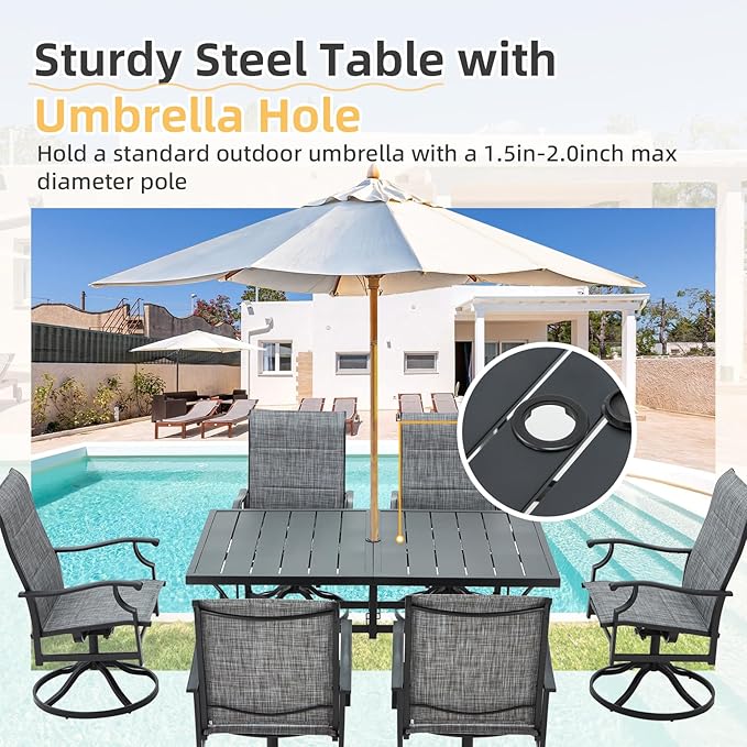 BUPPLEE Patio Dining Set for 6, 6 Piece Patio Swivel Chairs with 1 Piece Large Mental Rectangular Dining Table for Backyard Front Porch Pool Deck,Gray
