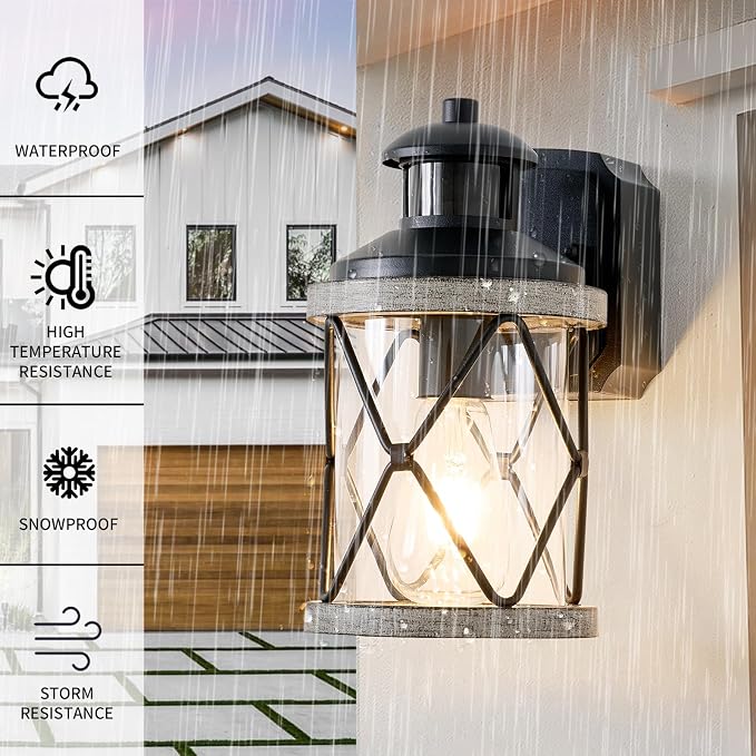 Dusk to Dawn Motion Sensor Outdoor Porch Light with GFCI Outlet,3 Lighting Modes Anti-Rust Waterproof Industrial Outdoor Lantern,Exterior Work lights Rustic Wood-Like Finish Wall Light (White, 2 Pack)