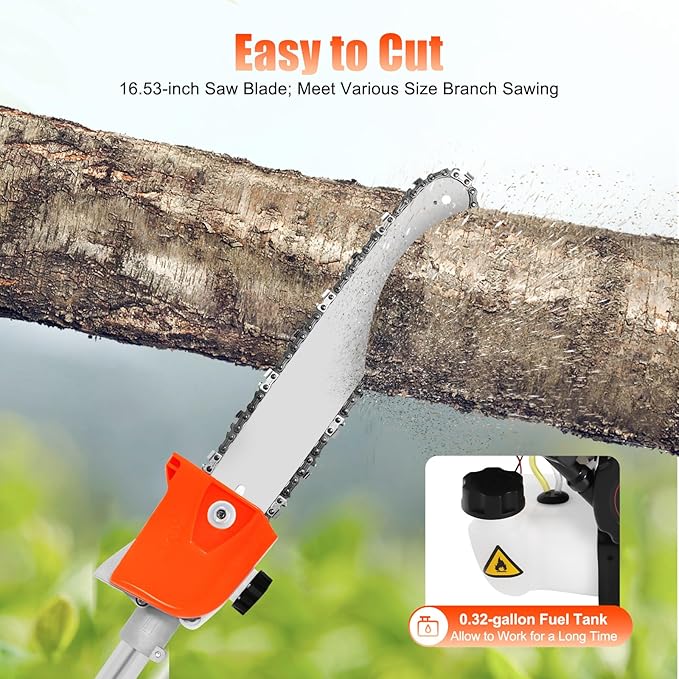 52CC Pole Saw Gas Powered,2 Stroke Gas Pole Chain Saw Cordless Tree Pruner,Extendable Chainsaw Tree Trimmer for Tree Trimming agricultur Pole Saw Gas,Hedge Trimmer W/Extension Pole & Back Strap