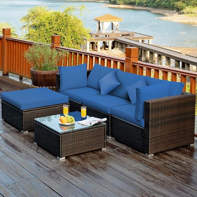 Tangkula 5 Pieces Patio Rattan Furniture Set, Outdoor Sectional Rattan Sofa Set with Back & Seat Cushions, Wicker Conversation Set with Tempered Glass Table for Backyard Porch Garden Poolside (Navy)