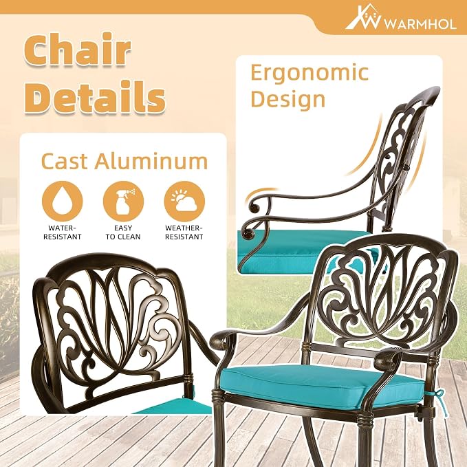 5-Piece Outdoor Patio Dining Set, All-Weather Cast Aluminum Patio Furniture Set for Backyard Garden Deck with 4 Chairs, 4 Cushions and 35.4" Round Table, 2" Umbrella Hole, Blue