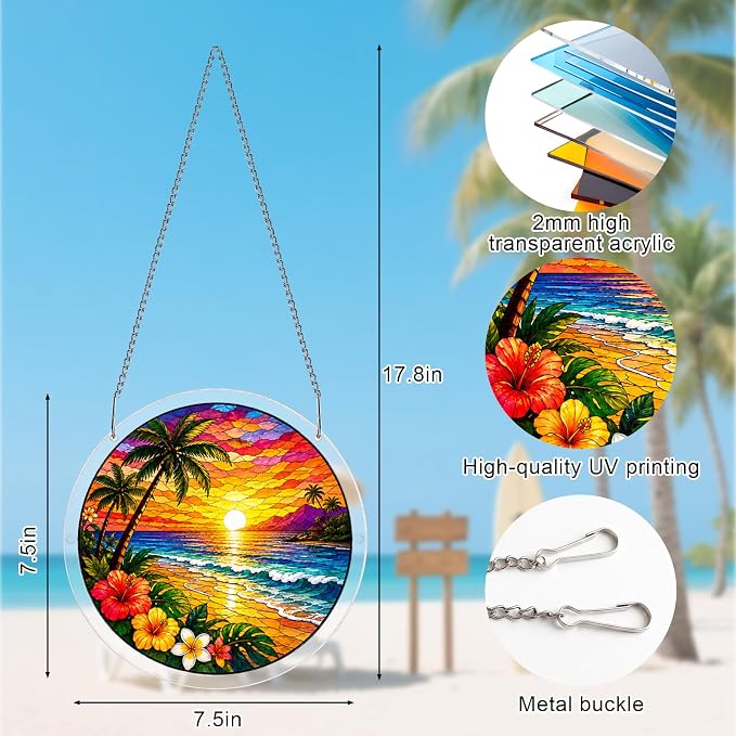 Acrylic Suncatcher Jigsaw Puzzle, Tropical Beach Sunset Stained Glass Style Sun Catcher Puzzle for Adults, Window Wall Hanging Decor, Palm Trees Ocean Wave DIY Craft Puzzles Gift Women