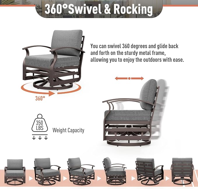 Kurapika Aluminum Patio Furniture Set 10-Seat Modern Metal Outdoor Conversation Sets w/Swivel Rocking Chairs Patio Sectional Sofa w/5.1 Inch Cushion, Grey