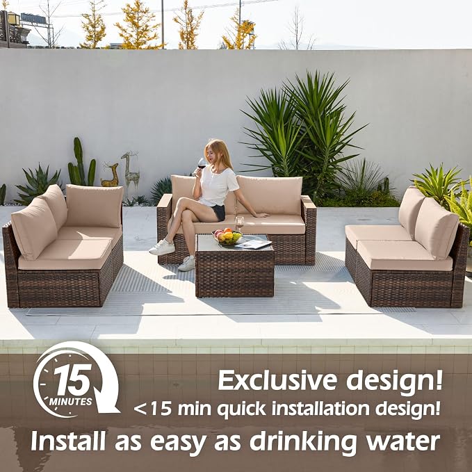 Exclusive Quick Install Patio Furniture Set 7 Pieces Outdoor Patio Furniture Durable Wicker Outdoor Couch Patio Sectional Sofa Conversation Sets for Backyard & Lawn & Outside
