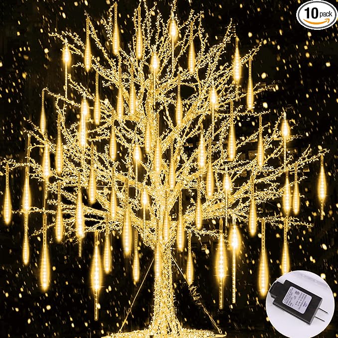 Meteor Shower Lights Outdoor,16 Inch 10 Tube 360 LED Icicle Christmas Light | Waterproof Snowfall Christmas Lights Outdoor,Connectable Hanging Falling Rain Light for Tree Roof Holiday, Warm White
