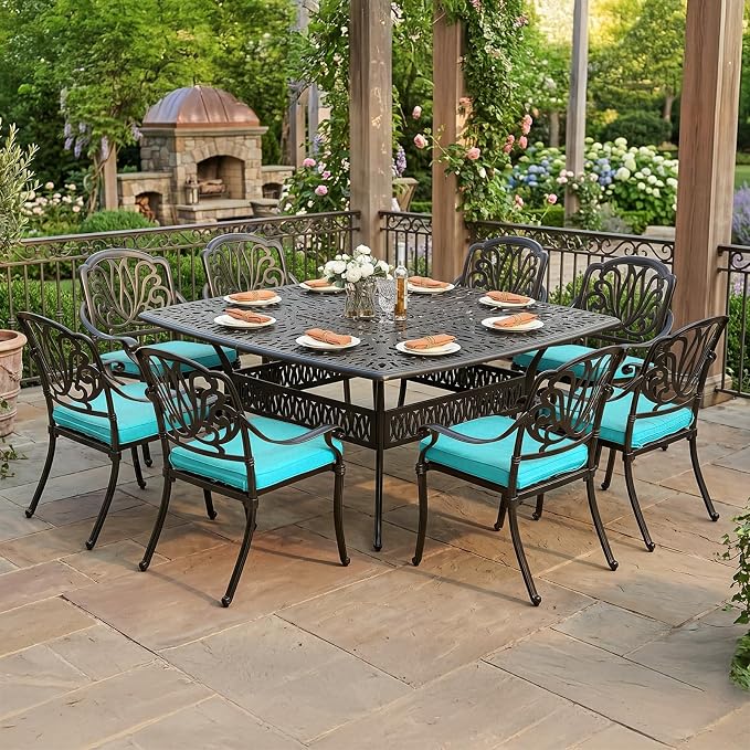 VIVIJASON 9-Piece Outdoor Furniture Dining Set for 8, All-Weather Cast Aluminum Patio Table and Chairs Set with 8 Cushioned Chairs, 64" Large Square Dining Table, 2.2" Umbrella Hole, Ocean Blue