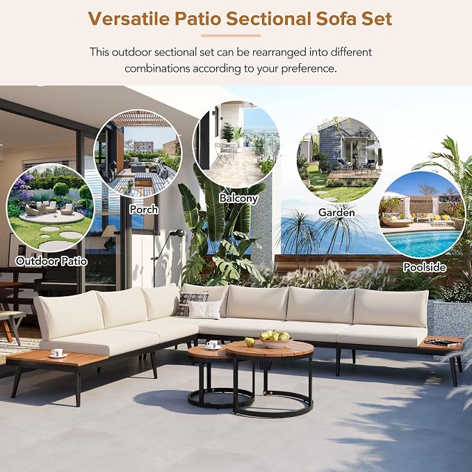 6-Piece Metal Outdoor Sectional Sofa Set with Round Nesting Coffee Tables, L-Shaped Patio Furniture Set Seating Sofa with Cushions for Patio, Porch and Garden, Beige